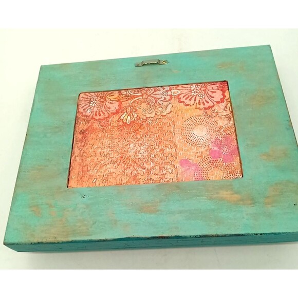 Unique Wooden Junk Art Frame Turquoise Crackle Paint Travel Theme Print Picture - Picture 8 of 8